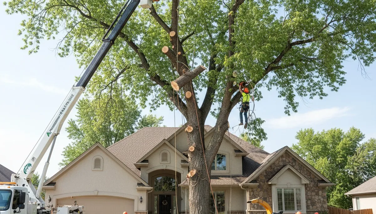 Arborists using bucket truck for large tree removal in Fountain, Greenville NC neighborhood