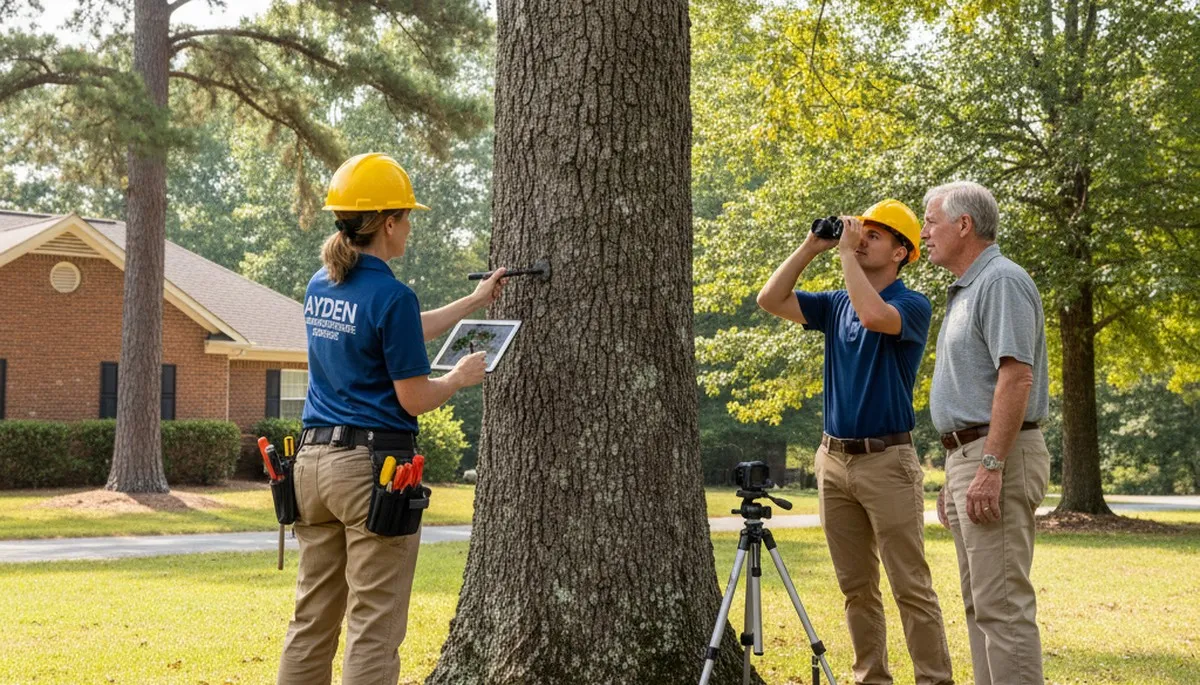 Certified arborist performing tree health assessment for homeowners in Ayden, near Greenville, NC