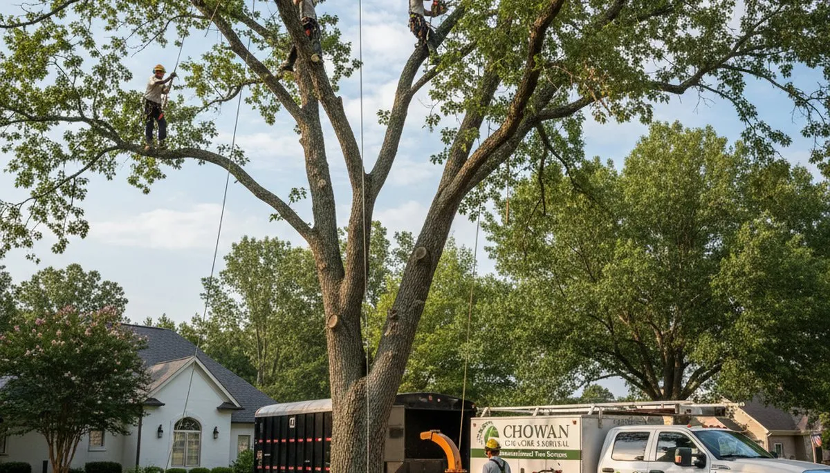 Professional tree removal service in Greenville, NC safely cutting down large oak tree