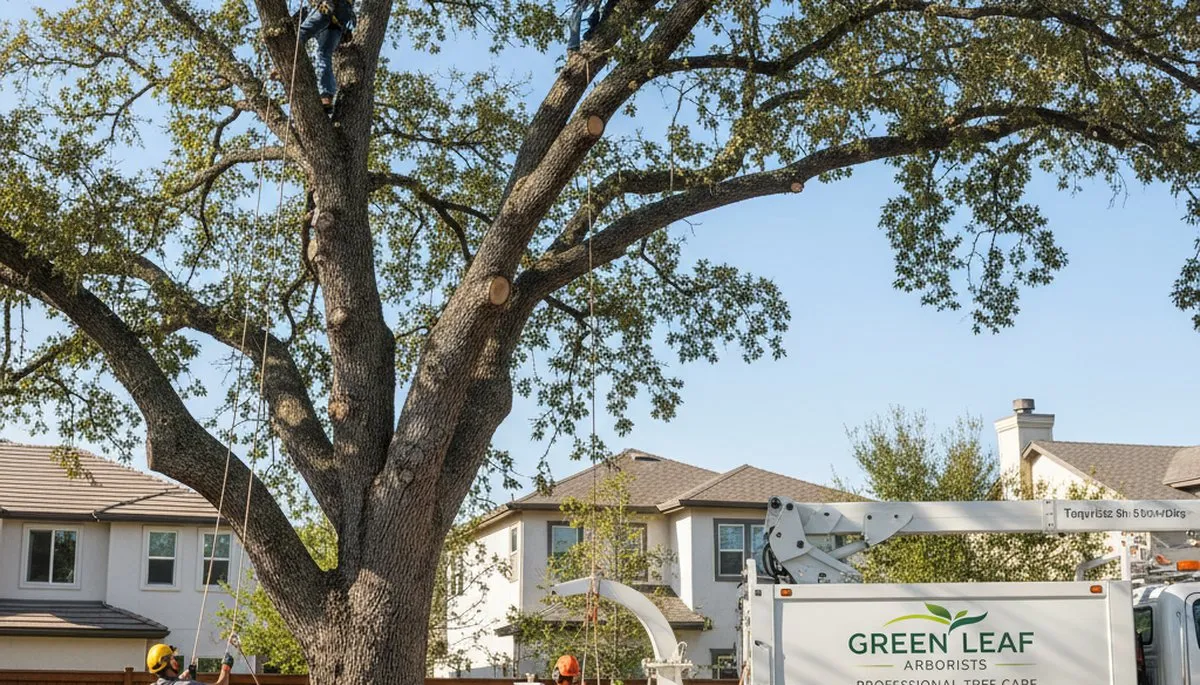 Arborists trimming overgrown oak branches in Greenville, NC for Chop Chop Tree’s professional tree service
