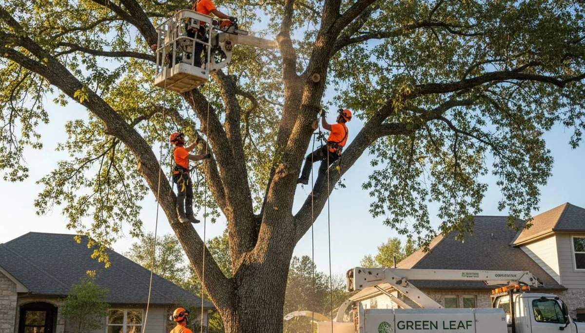 Arborist trimming oak tree branches in Greenville, NC for storm damage prevention and canopy care