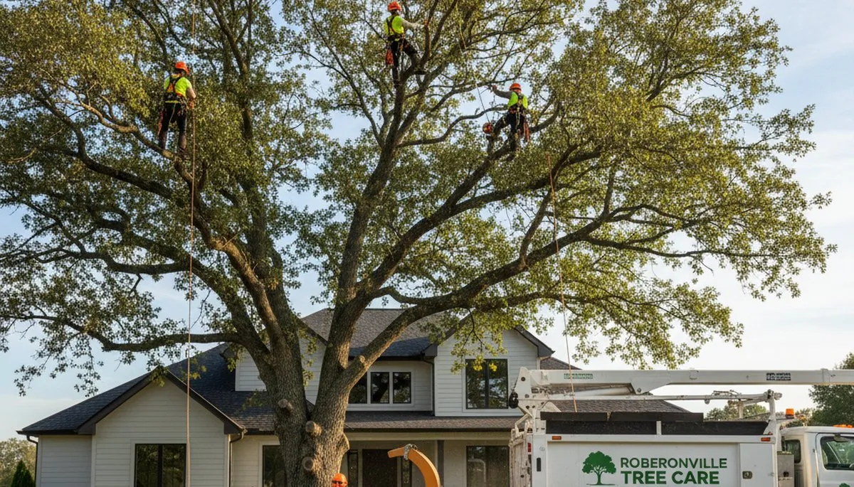 Professional tree removal service in Greenville NC safely cutting large oak tree