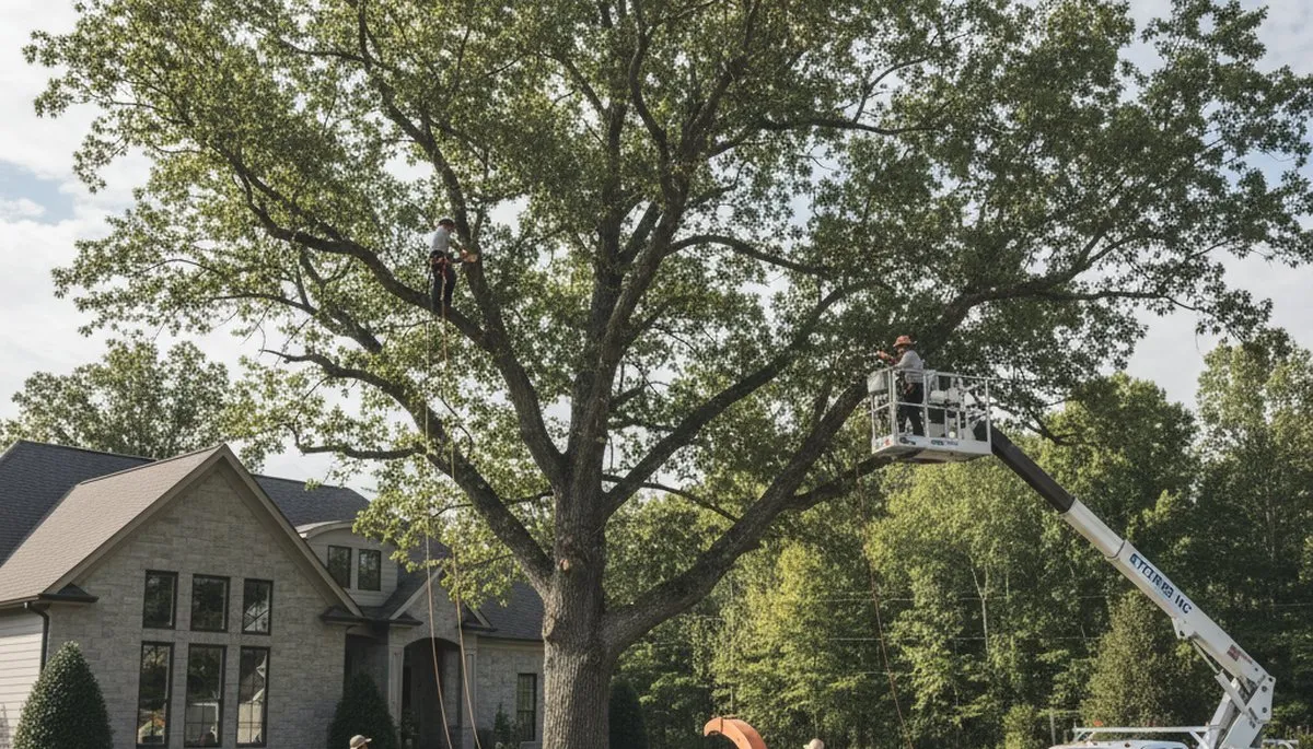 Professional tree removal service in Greenville NC safely cutting and clearing large oak tree